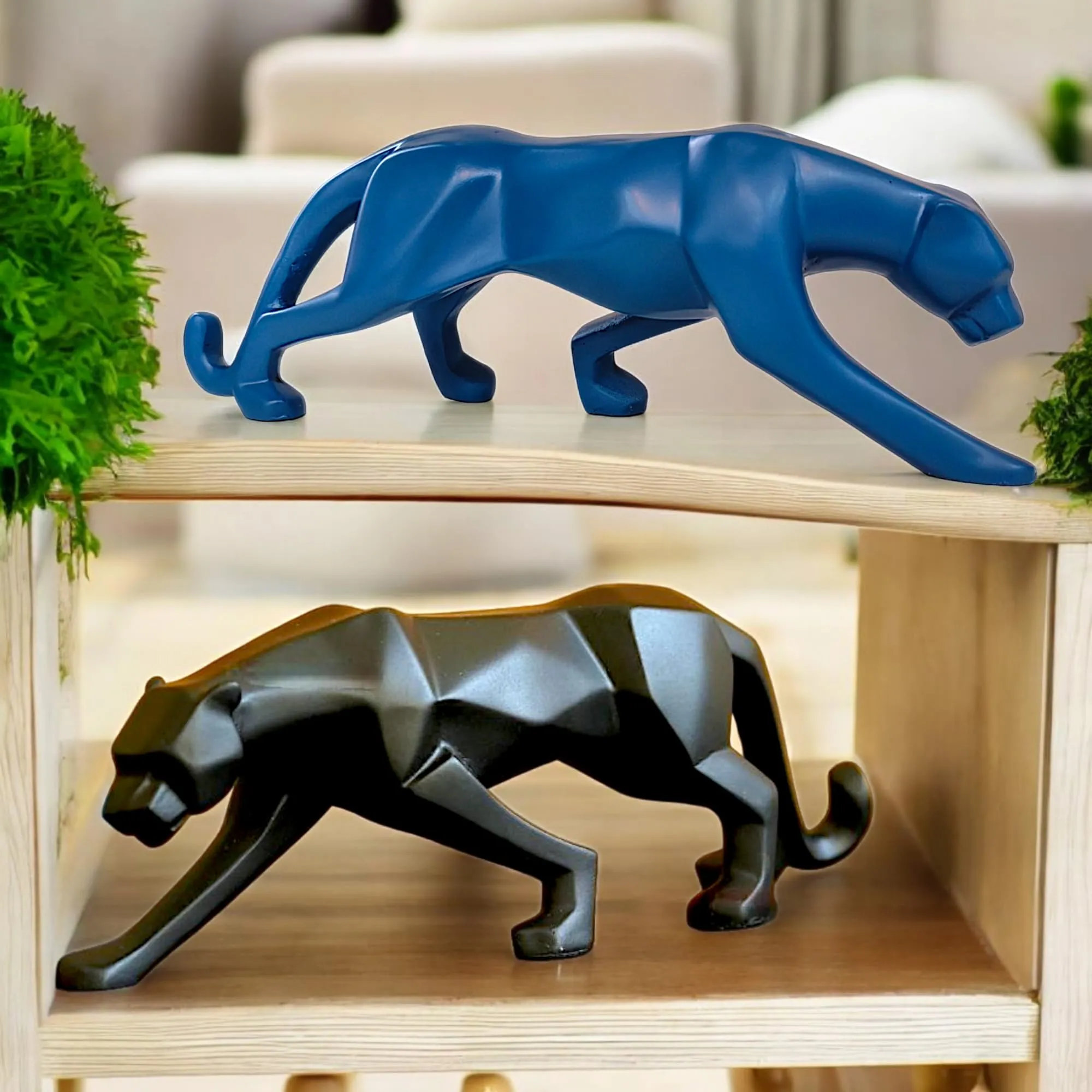 panther showpiece set black blue 26.6cm Black and Blue Panther Showpiece Set of 2 – 26.6 cm Polyresin Animal Statues