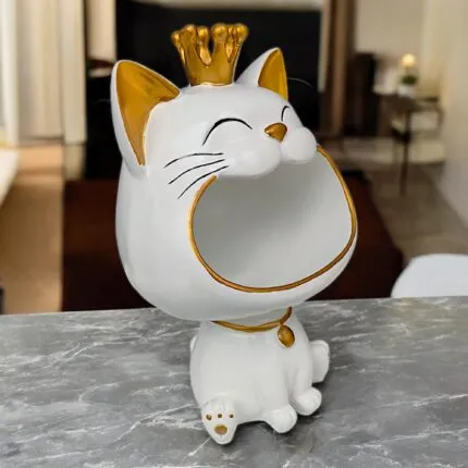 Premium Cat Showpiece Resin Figurine with Storage Organizer Tray – front view