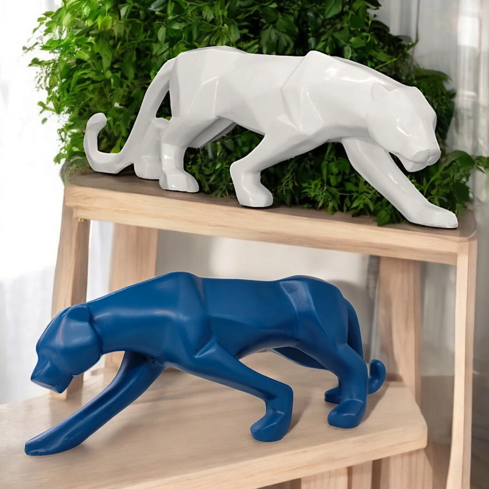 panther showpiece set white blue 26.6cm White and Blue Panther Showpiece Set of 2 – 26.6 cm Polyresin Animal Statues