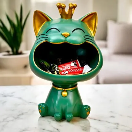 Green Cat Showpiece with Storage Tray – 28 cm Premium Resin Figurine