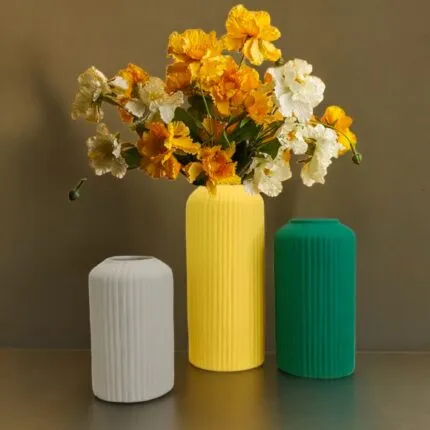 Ribbed Ceramic Vase Set of 3 – front view