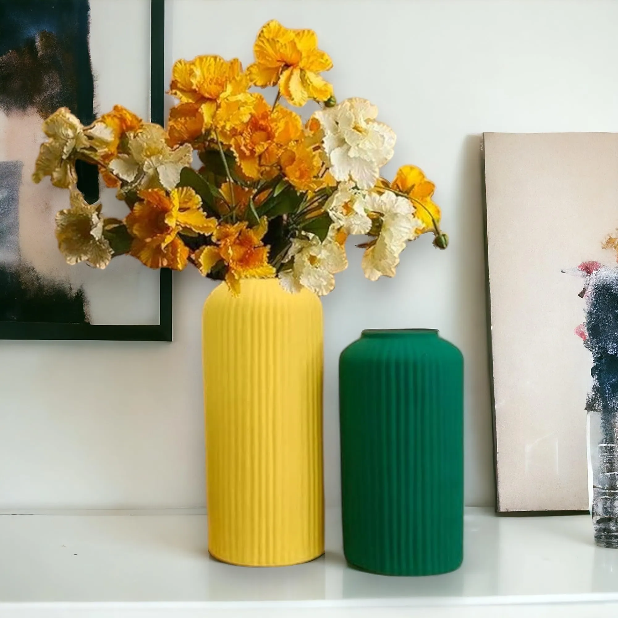Version 1.0.0 Ribbed Ceramic Vase Set of 2 – Yellow and Green Matte Finish Decorative Vases