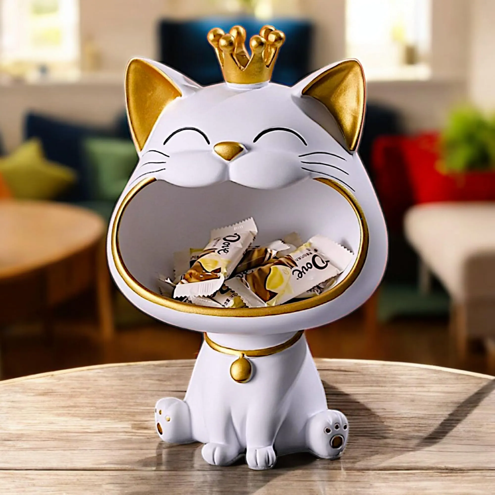 premium cat showpiece white 28cm White Cat Showpiece with Storage Tray – 28 cm Premium Resin Figurine