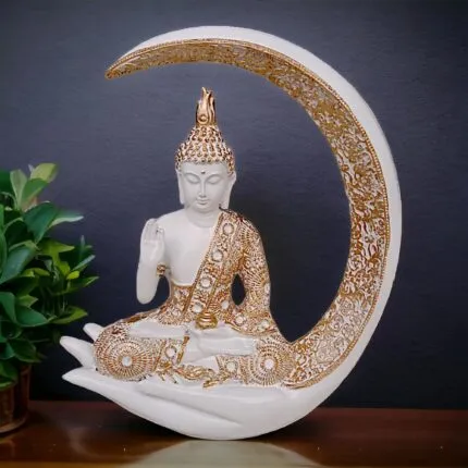 White Gold Moon Buddha Showpiece – 23 cm Meditating Buddha for Home Decor