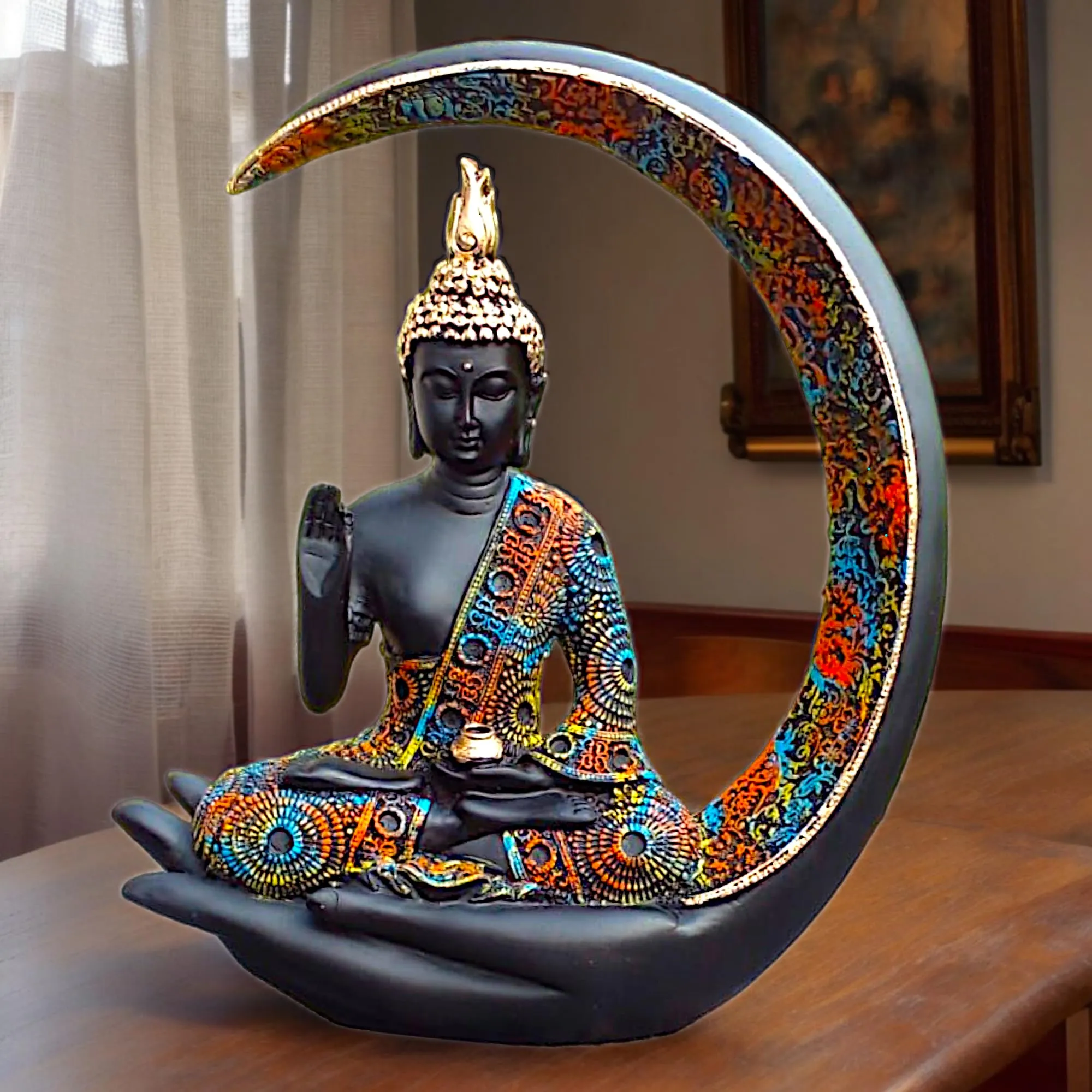moon buddha showpiece Black Multicolor Moon Buddha Showpiece – 23 cm Meditating Buddha for Home Decor