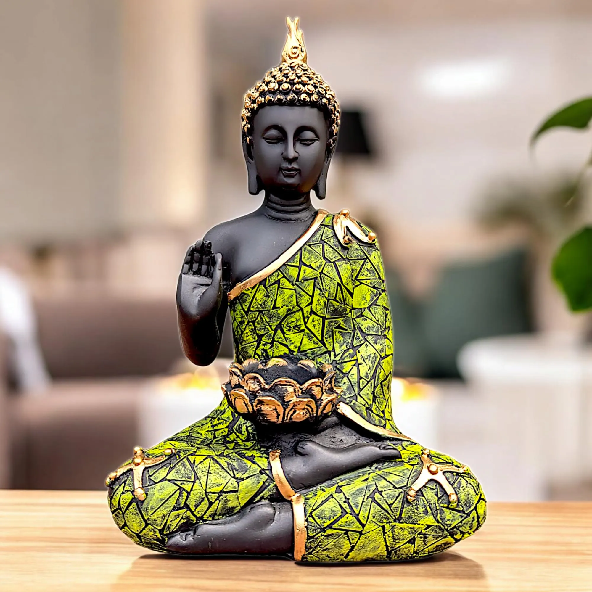 buddha statue tealight candle holder black green 28cm Black Green Buddha Statue with Tealight Candle Holder – 28 cm Showpiece