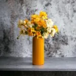 Ribbed Ceramic Flower Vase – Yellow Matte Finish 23 cm Decorative Pot