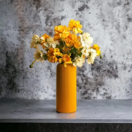 Ribbed Ceramic Flower Vase – Yellow Matte Finish 23 cm Decorative Pot