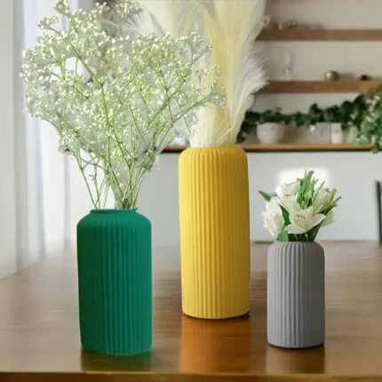 Ribbed Ceramic Vase Set of 3 – Yellow Green Grey Matte Finish Decorative Vases