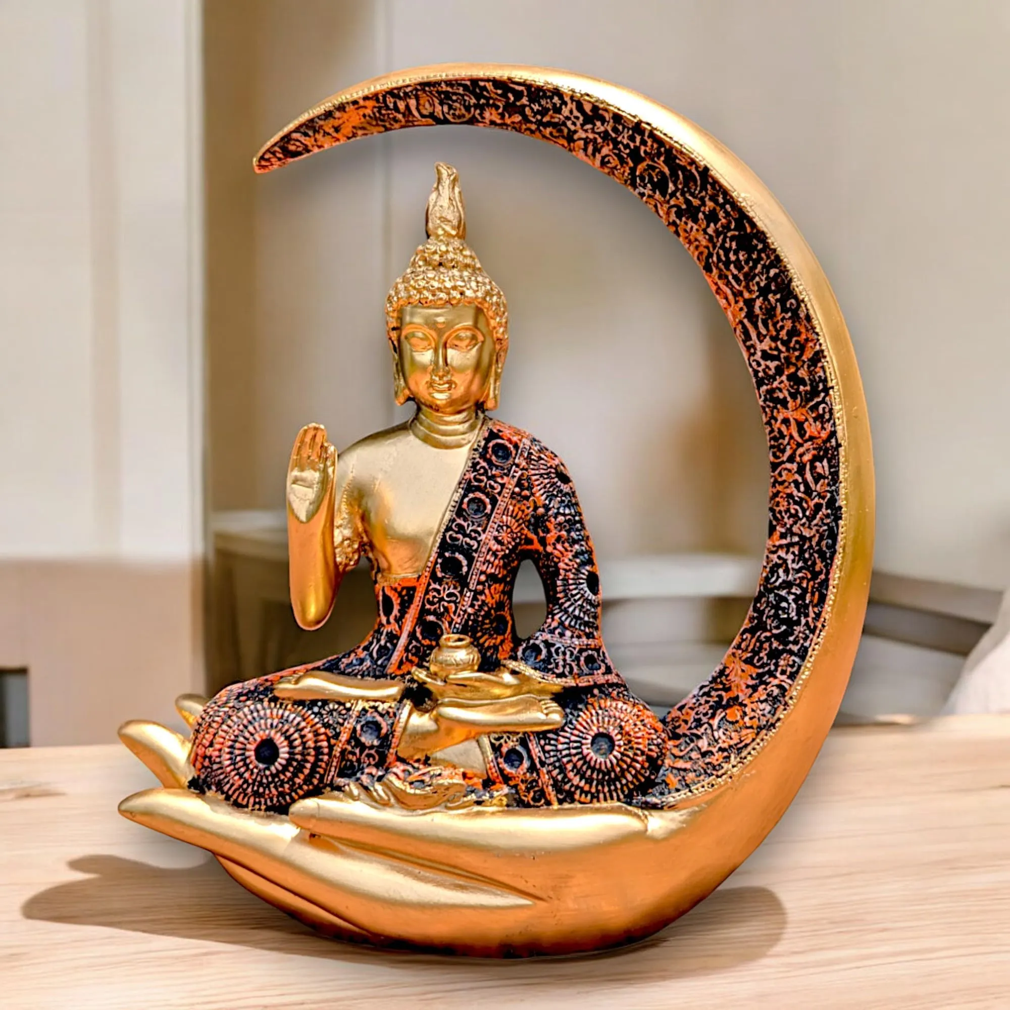 moon buddha showpiece gold multicolor Gold Multicolor Moon Buddha Showpiece – 23 cm Meditating Buddha for Home Decor