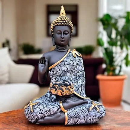 Black Grey Buddha Statue with Tealight Candle Holder – 28 cm Meditating Showpiece