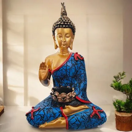 Gold Blue Buddha Statue with Tealight Candle Holder – 28 cm Meditating Showpiece
