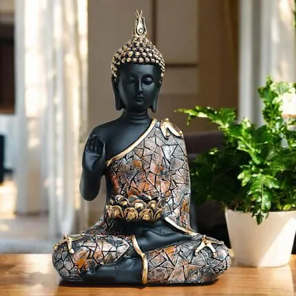 Black Brown Buddha Statue with Tealight Candle Holder – 28 cm Meditating Showpiece