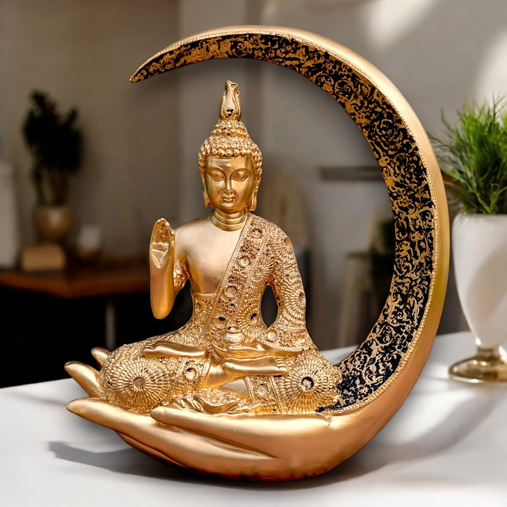 premium moon buddha showpiece gold Gold Moon Buddha Showpiece – 23 cm Meditating Buddha for Home Decor