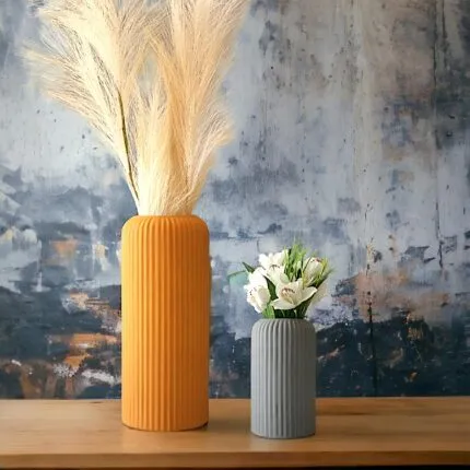 Ribbed Ceramic Vase Set of 2 – front view