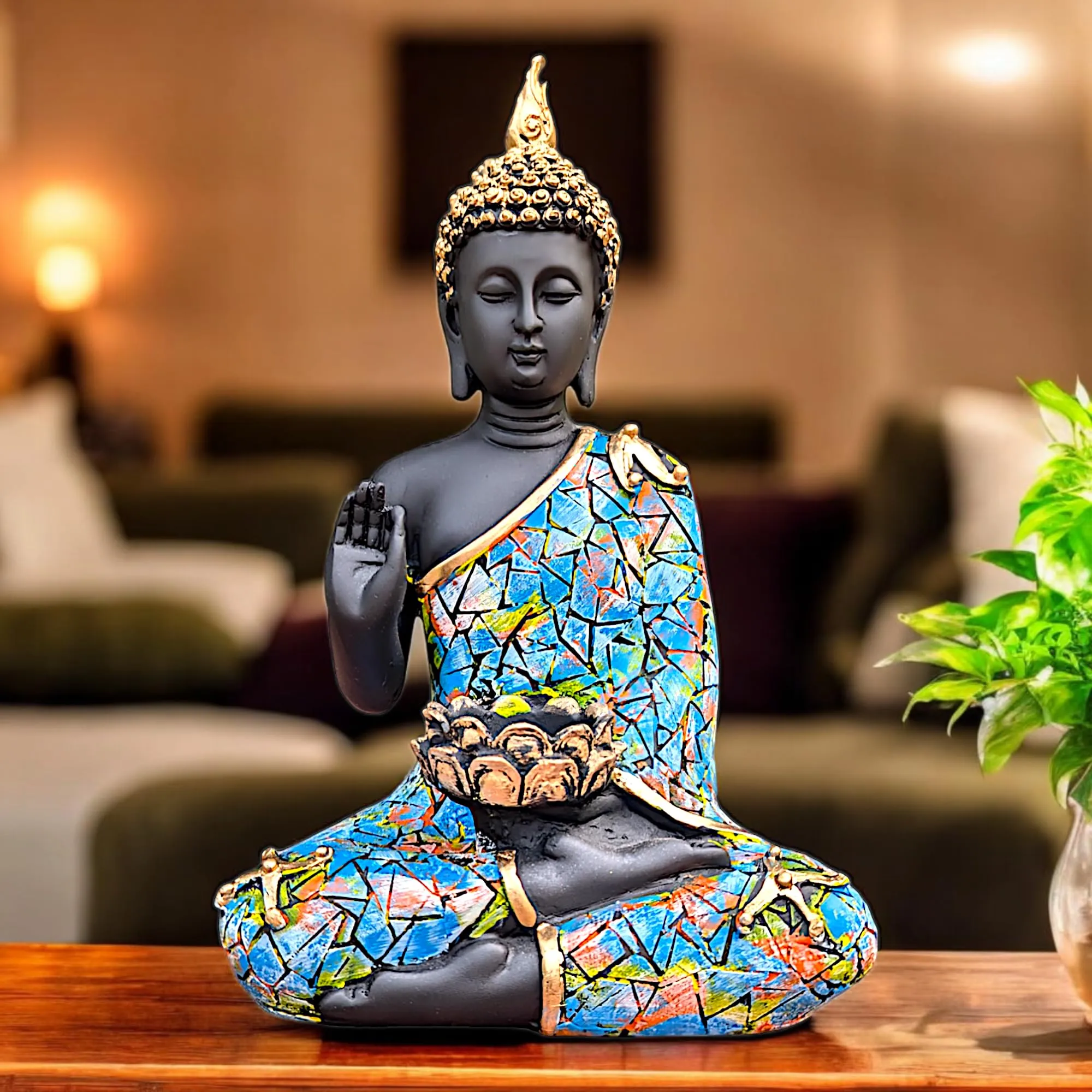 buddha statue Black Multicolor Buddha Statue with Tealight Candle Holder – 28 cm Showpiece
