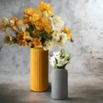 Ribbed Ceramic Vase Set of 2 – Yellow and Grey Matte Finish Decorative Vases