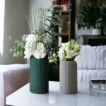 Ribbed Ceramic Vase Set of 2 – Green and Grey Matte Finish Decorative Vases