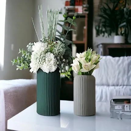 Ribbed Ceramic Vase Set of 2 – Green and Grey Matte Finish Decorative Vases