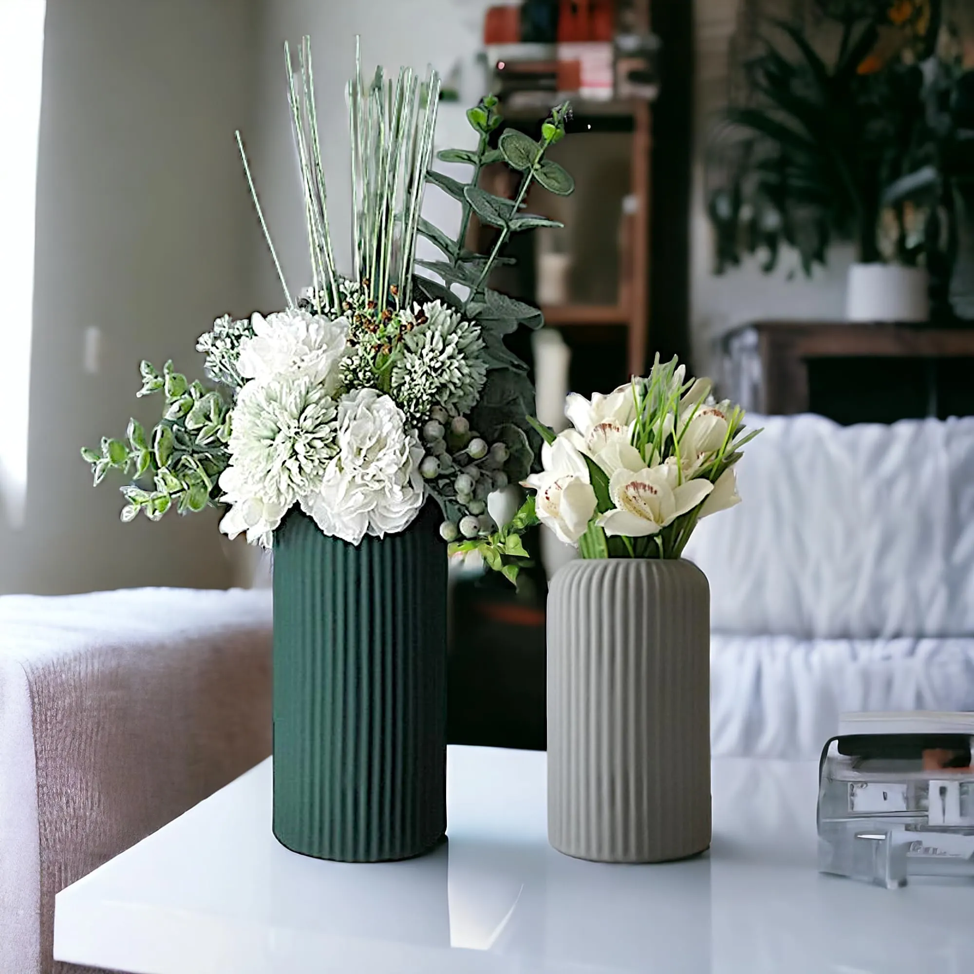 Version 1.0.0 Ribbed Ceramic Vase Set of 2 – Green and Grey Matte Finish Decorative Vases