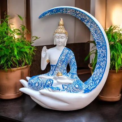 White and Blue Moon Buddha Showpiece – 23 cm Meditating Buddha for Home Decor