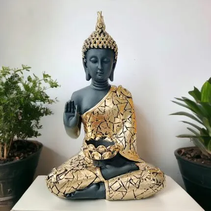 Black Gold Buddha Statue with Tealight Candle Holder – 28 cm Meditating Showpiece
