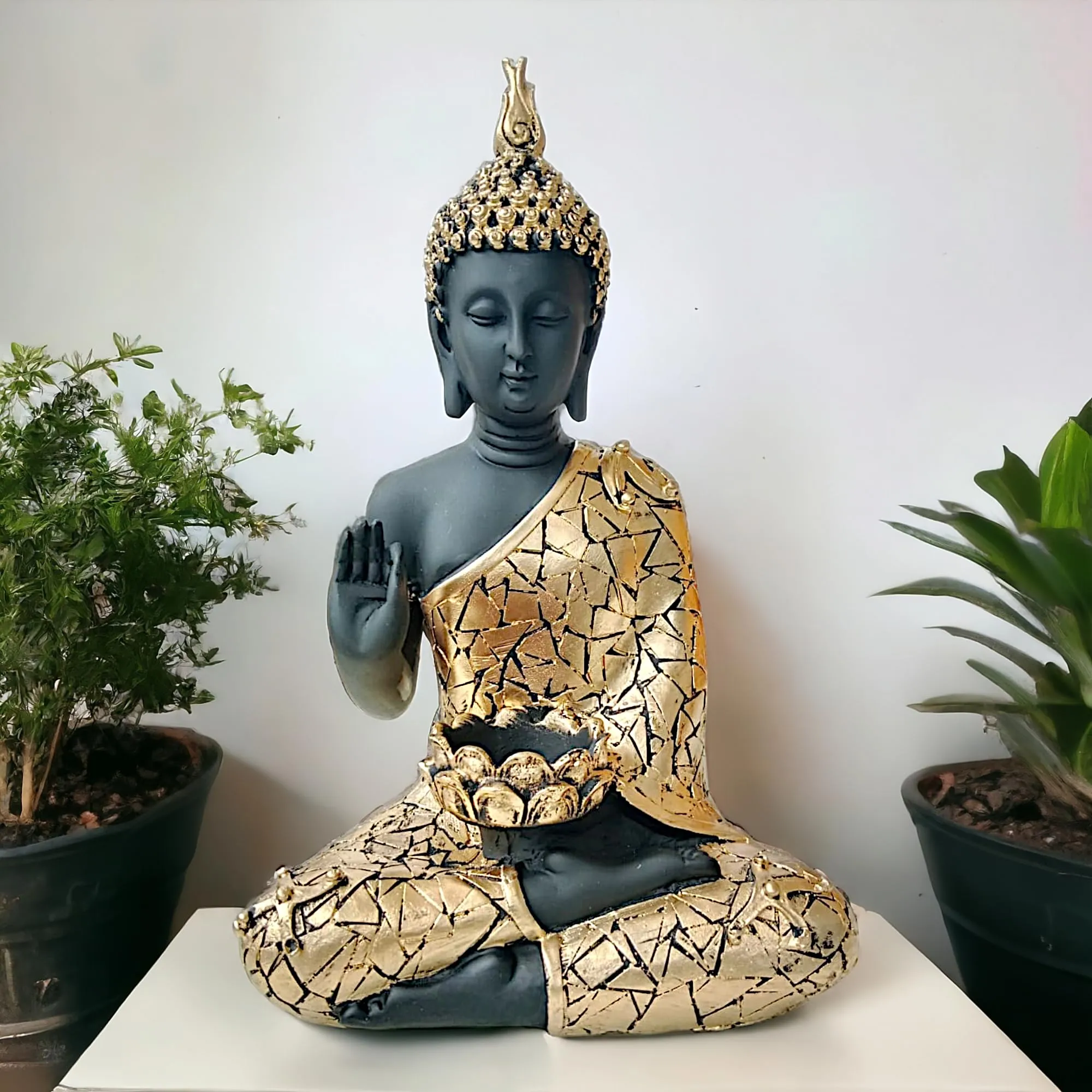 buddha statue tealight candle holder black gold 28cm Black Gold Buddha Statue with Tealight Candle Holder – 28 cm Meditating Showpiece