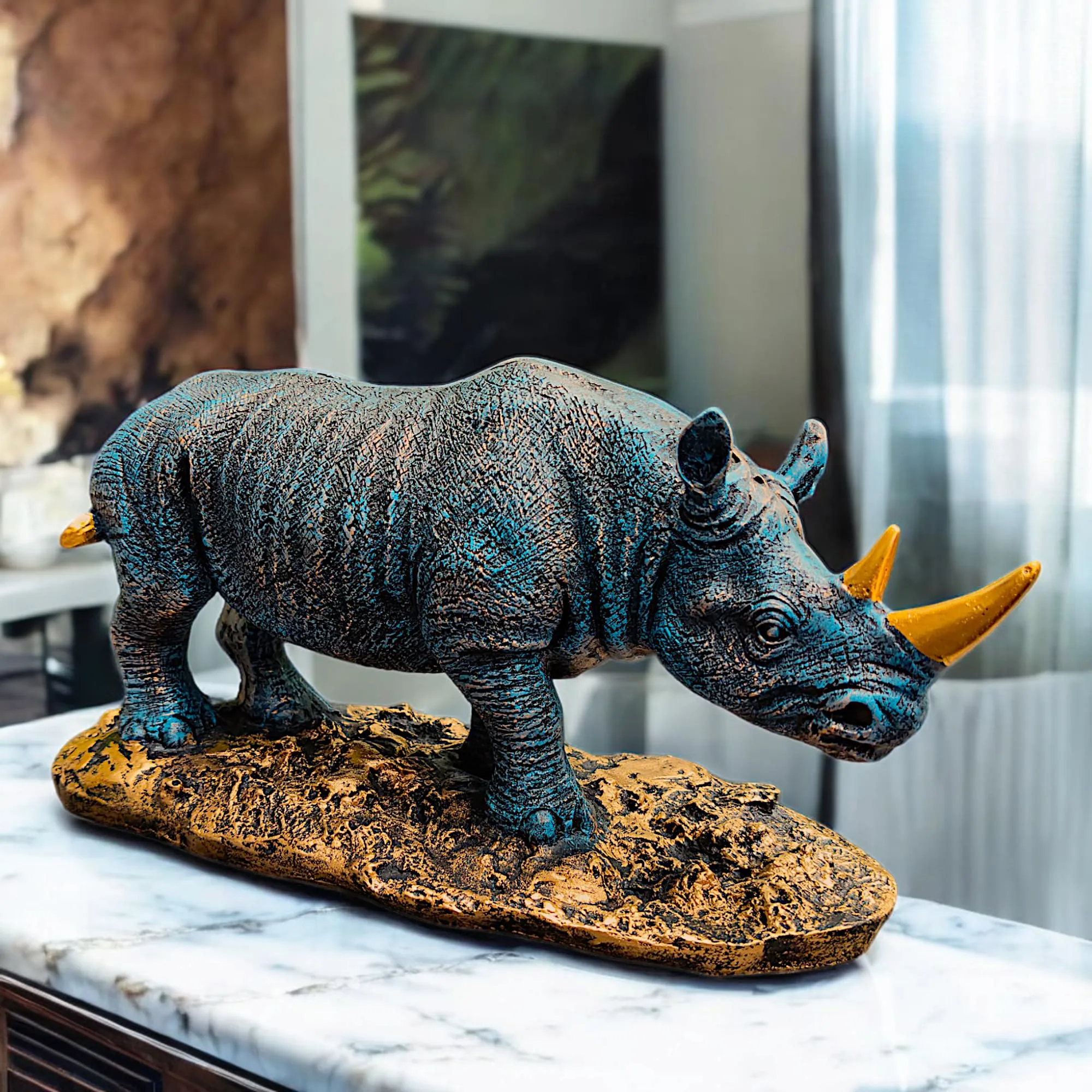 hino showpiece Antique Rustic Golden Rhino Showpiece – 11 Inch Premium Statue for Home Decor