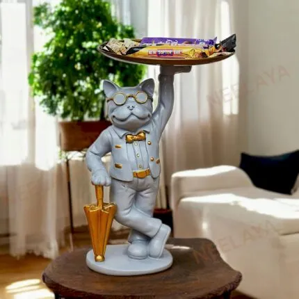 Grey Dog Showpiece with Storage Tray – 26.7 cm Polyresin Figurine