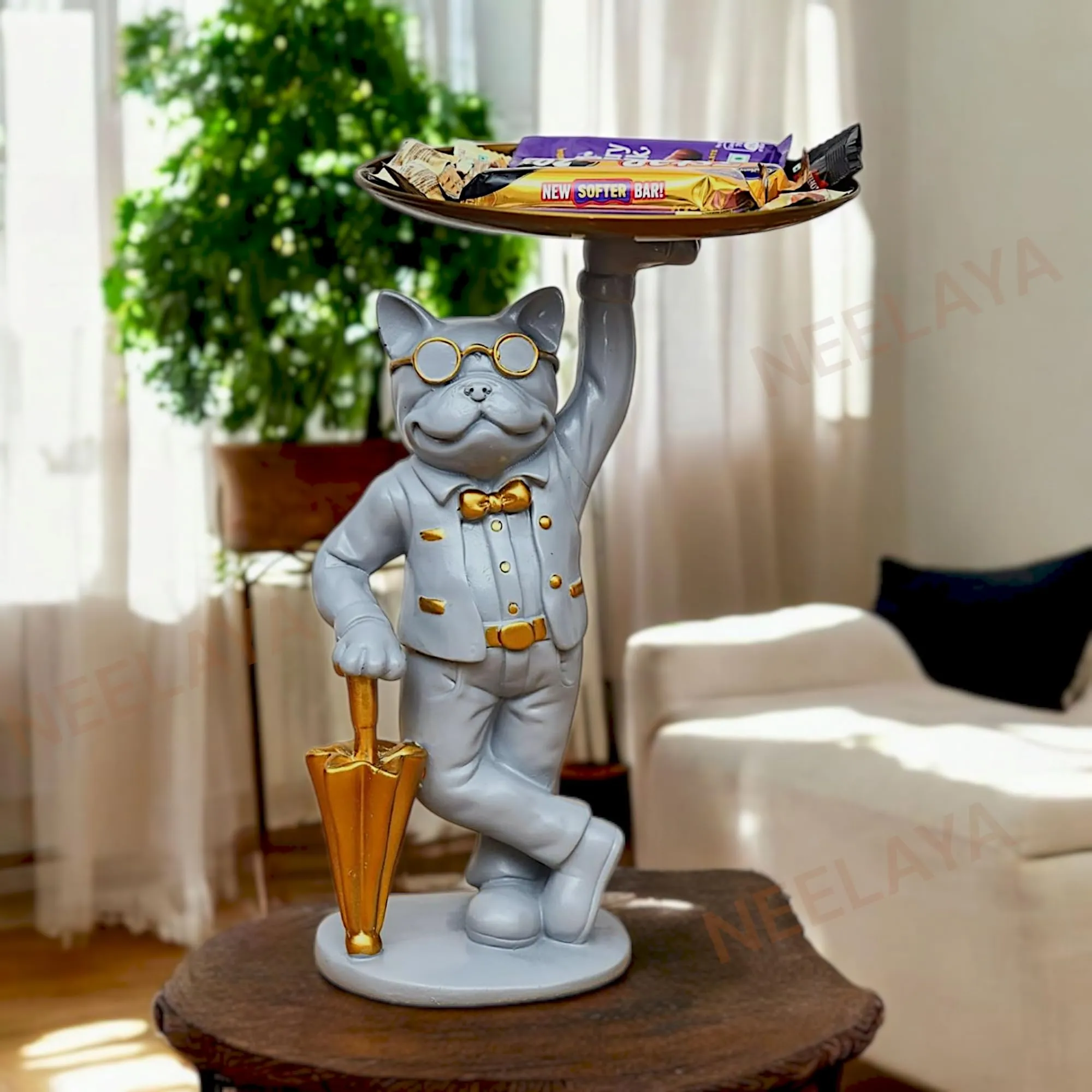 dog showpiece storage tray grey Grey Dog Showpiece with Storage Tray – 26.7 cm Polyresin Figurine