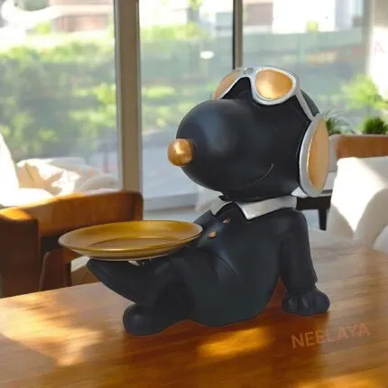 Black Dog Showpiece with Headphones and Storage Tray – 26.7 cm Polyresin Figurine