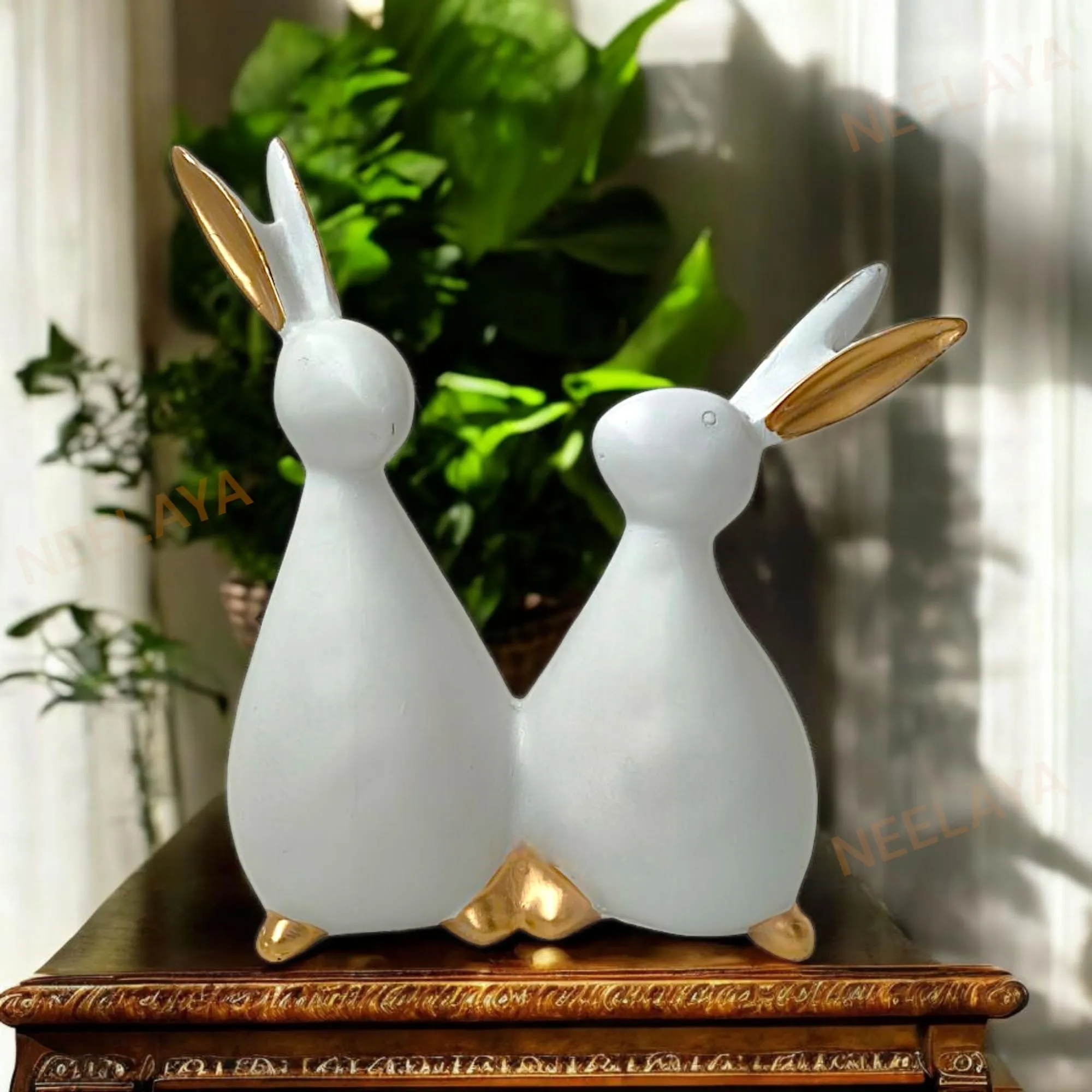 rabbit showpiece white 20.3cm White Rabbit Couple Showpiece – 20.3 cm Premium Polyresin Bunny Figurine