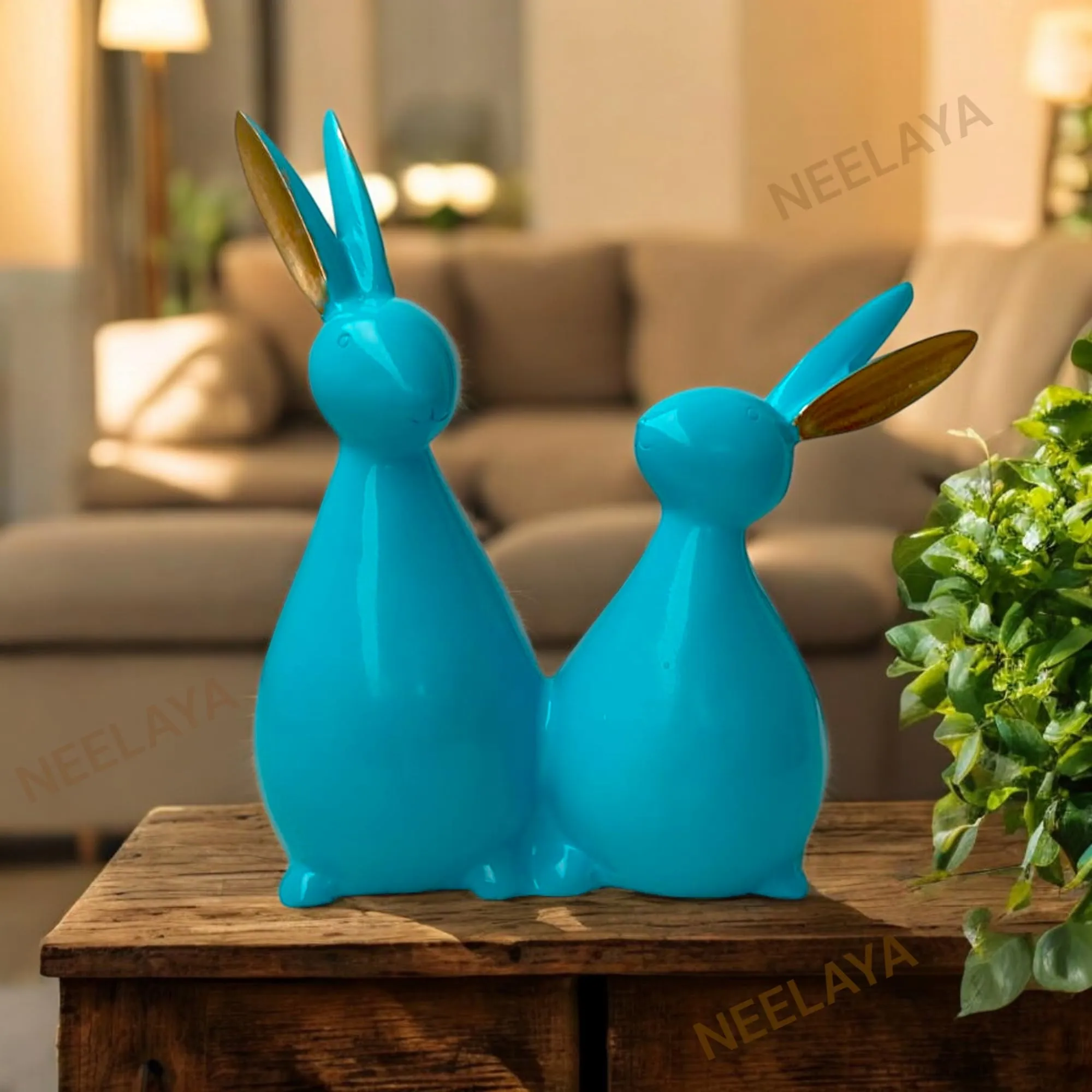 rabbit showpiece blue 20.3cm Blue Rabbit Couple Showpiece – 20.3 cm Premium Polyresin Bunny Figurine