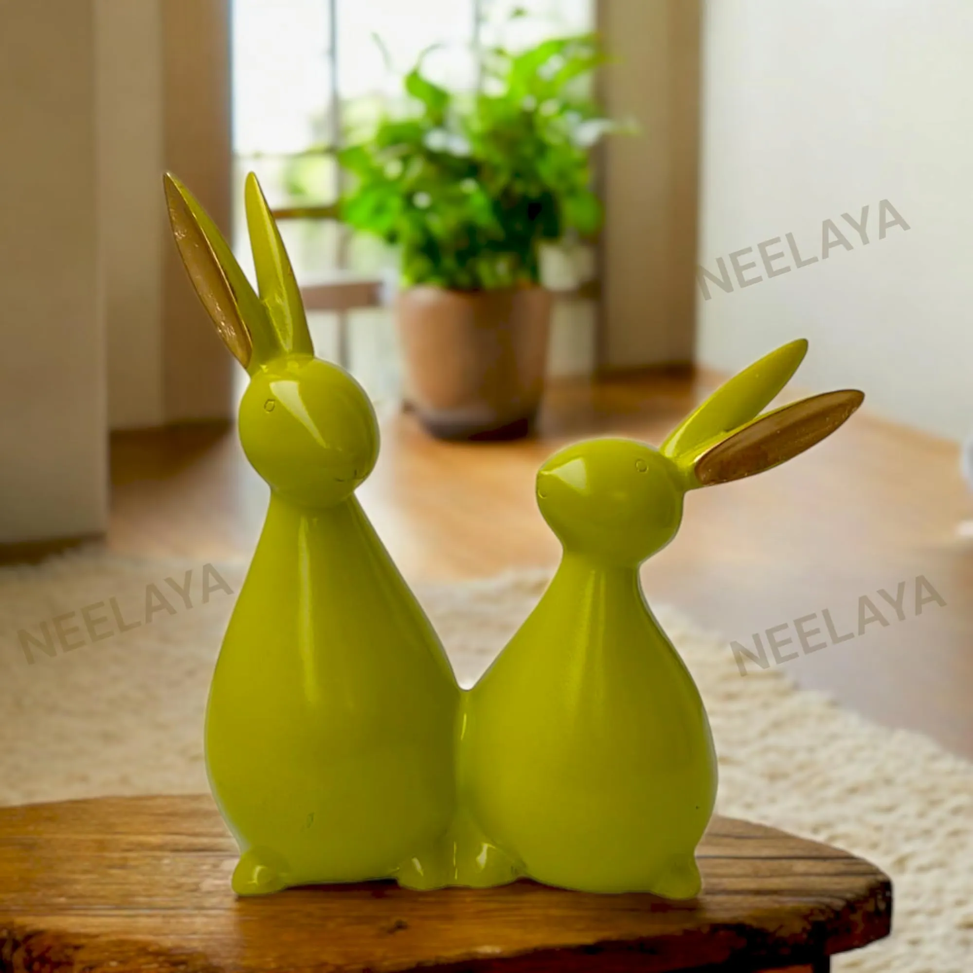 rabbit showpiece lime green 20.3cm Lime Green Rabbit Couple Showpiece – 20.3 cm Premium Polyresin Bunny Figurine