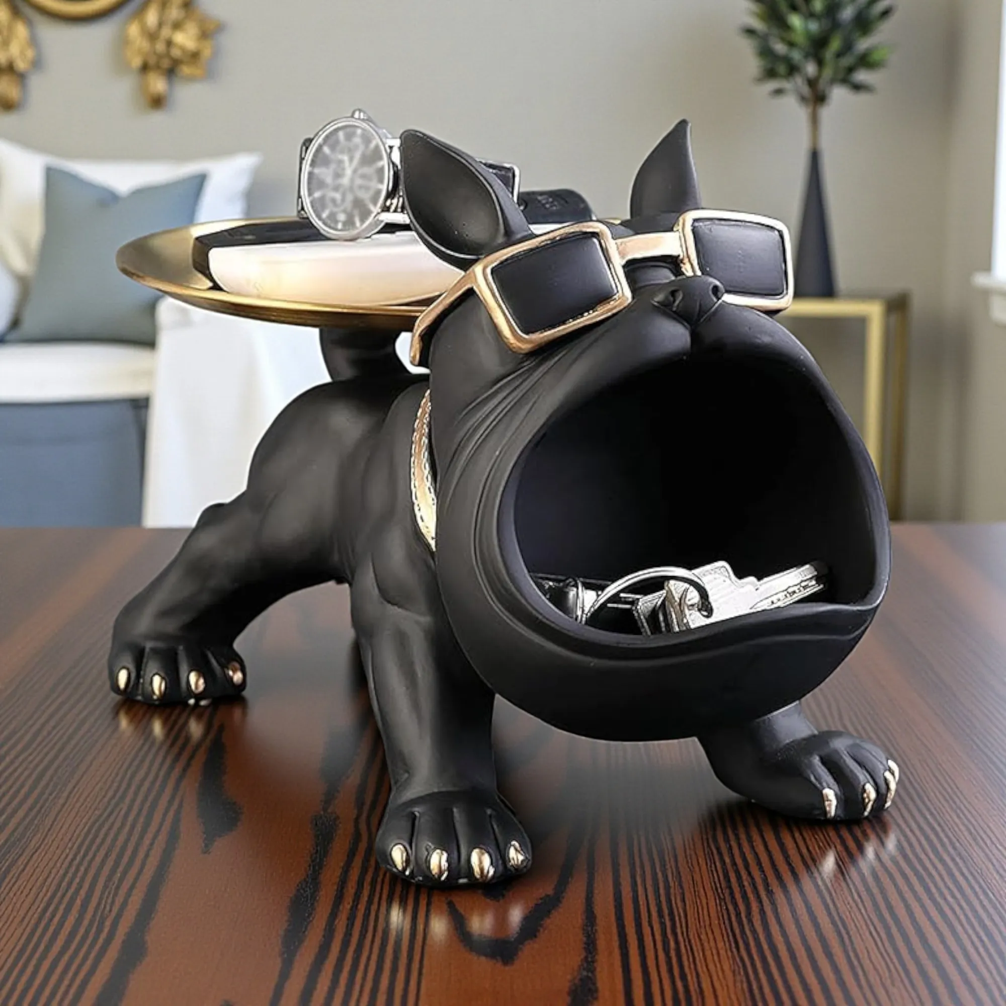 bulldog showpiece with storage tray black 25cm Black Bulldog Showpiece with Storage Tray – 25 cm Polyresin Dog Figurine