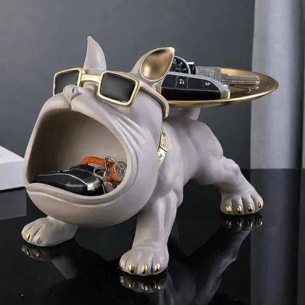 Grey Bulldog Showpiece with Storage Tray – 25 cm Polyresin Dog Figurine