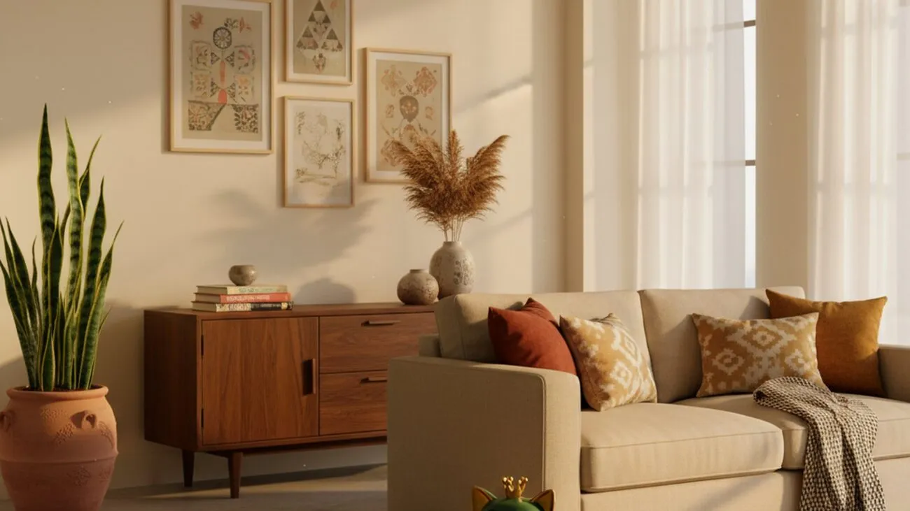 Green cat showpiece in bright modern Indian home with natural daylight