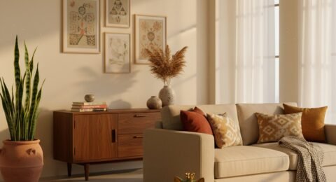 Green cat showpiece in bright modern Indian home with natural daylight