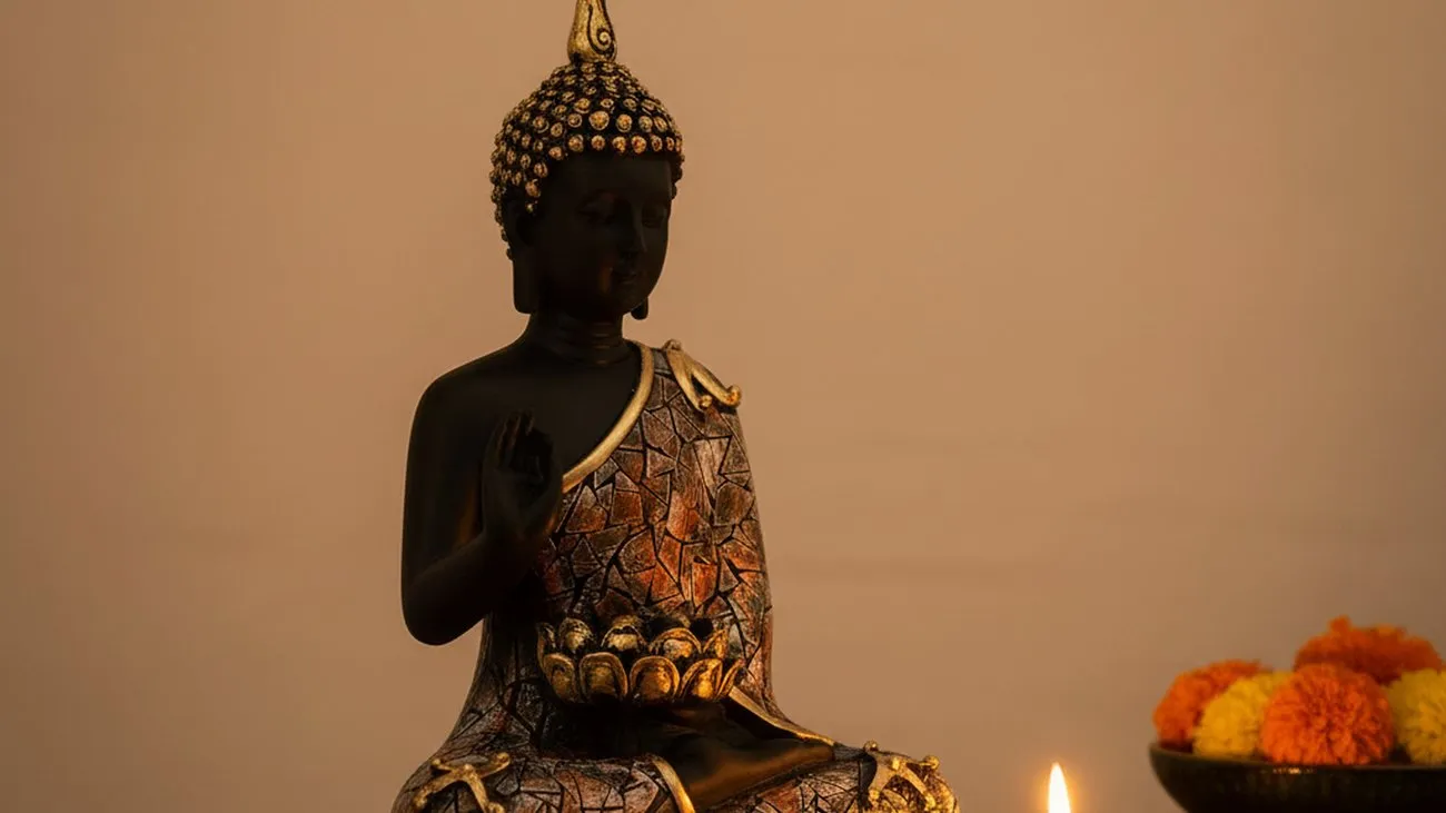 Meditating Buddha statue tealight candle holder with lit candle on wooden meditation table
