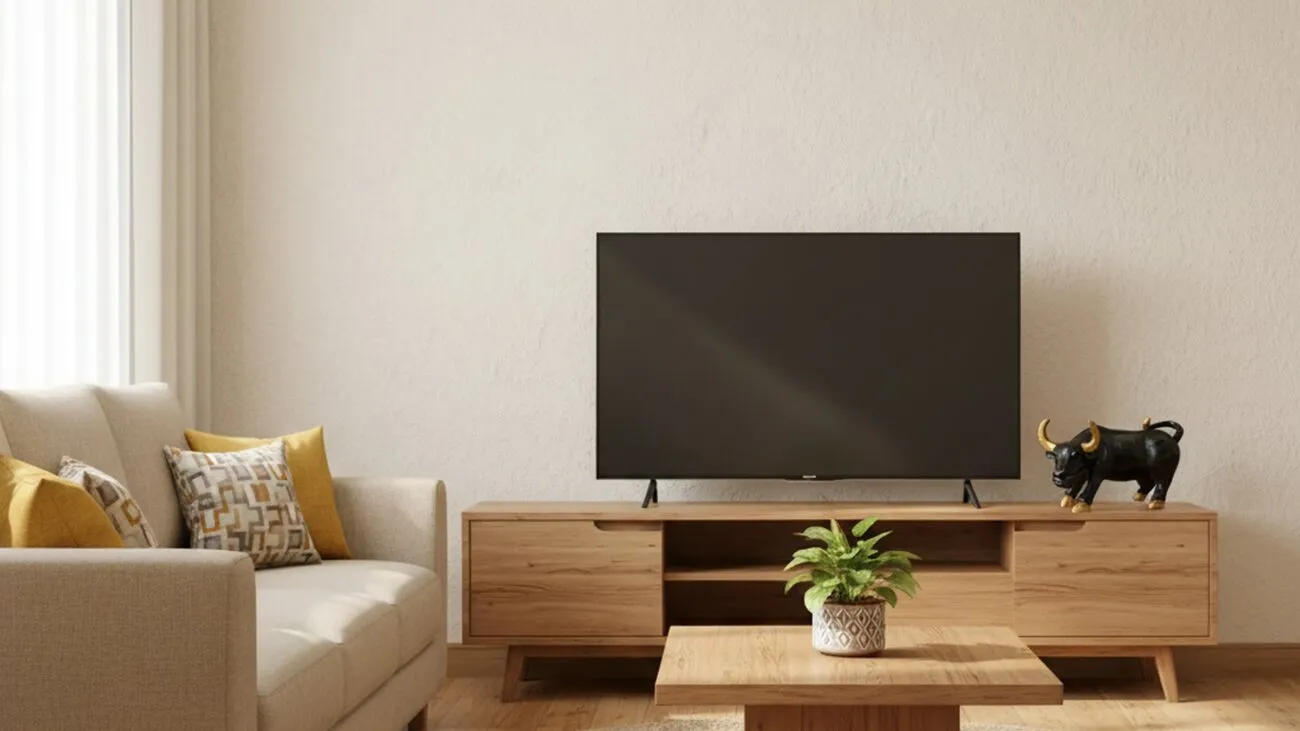 Modern Indian living room with stock market bull showpiece on desk, bright natural daylight