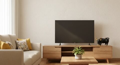 Modern Indian living room with stock market bull showpiece on desk, bright natural daylight