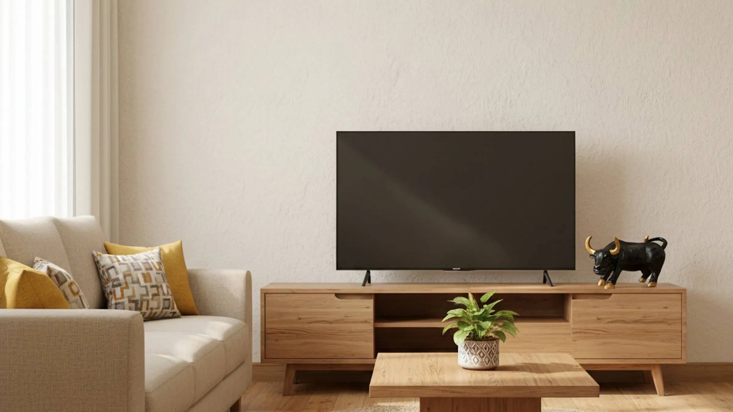 Modern Indian living room with stock market bull showpiece on desk, bright natural daylight
