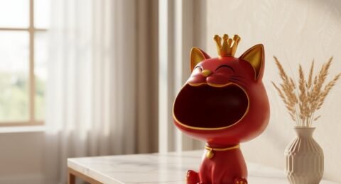 Red cat showpiece with crown sitting on marble console table with pampas grass vase in modern living room