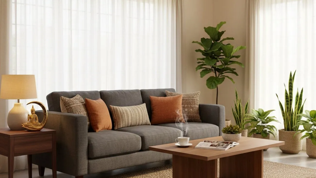 Gold moon Buddha showpiece in bright modern Indian living room with natural daylight