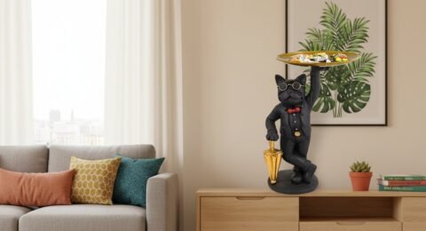 Black dog showpiece with storage tray in bright modern Indian living room