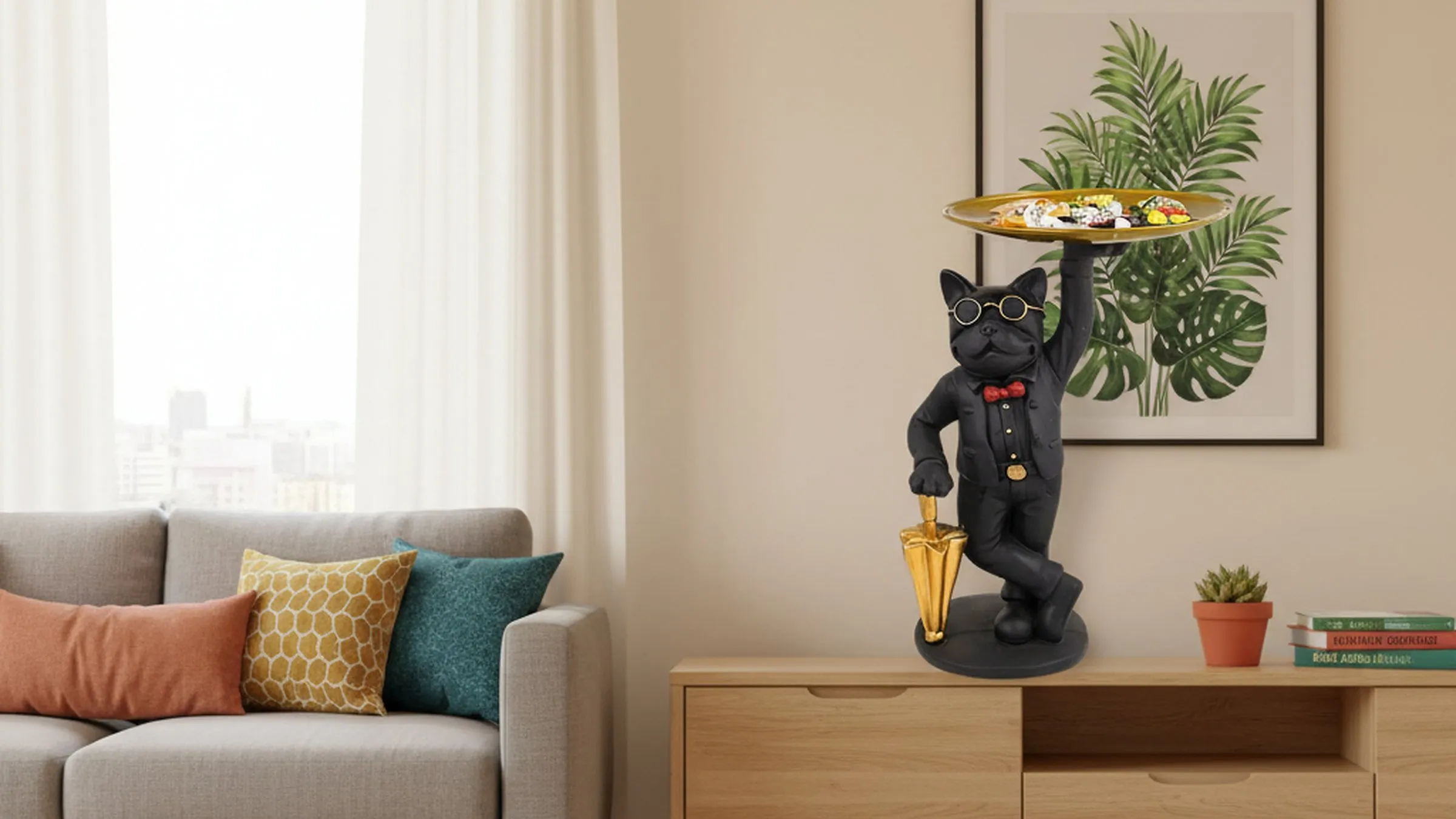 Black dog showpiece with storage tray in bright modern Indian living room