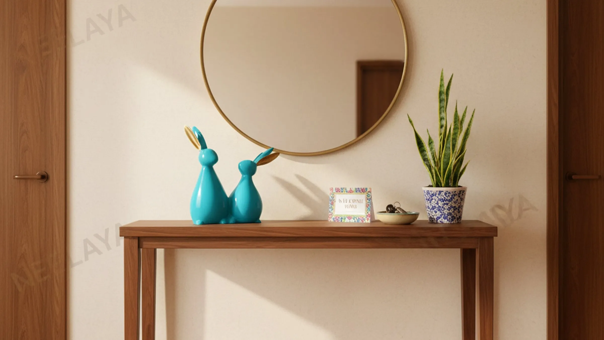 Blue rabbit showpiece in bright modern Indian home interior for housewarming gifting