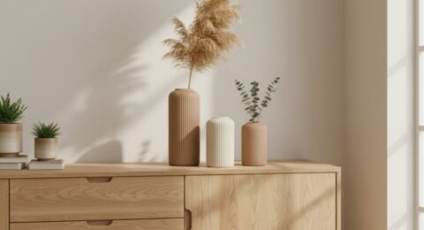 Trio of premium ribbed ceramic vases in cream and taupe on natural oak sideboard with pampas grass
