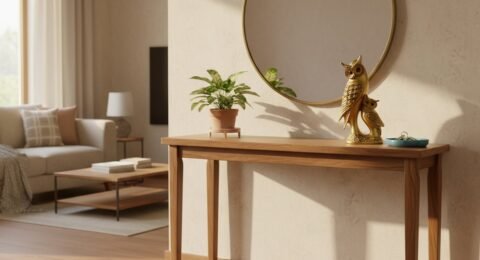 Gold owl showpiece in bright modern Indian home interior with natural daylight