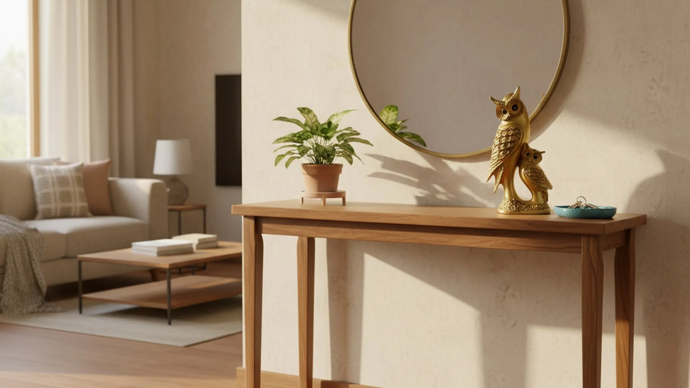 Gold owl showpiece in bright modern Indian home interior with natural daylight